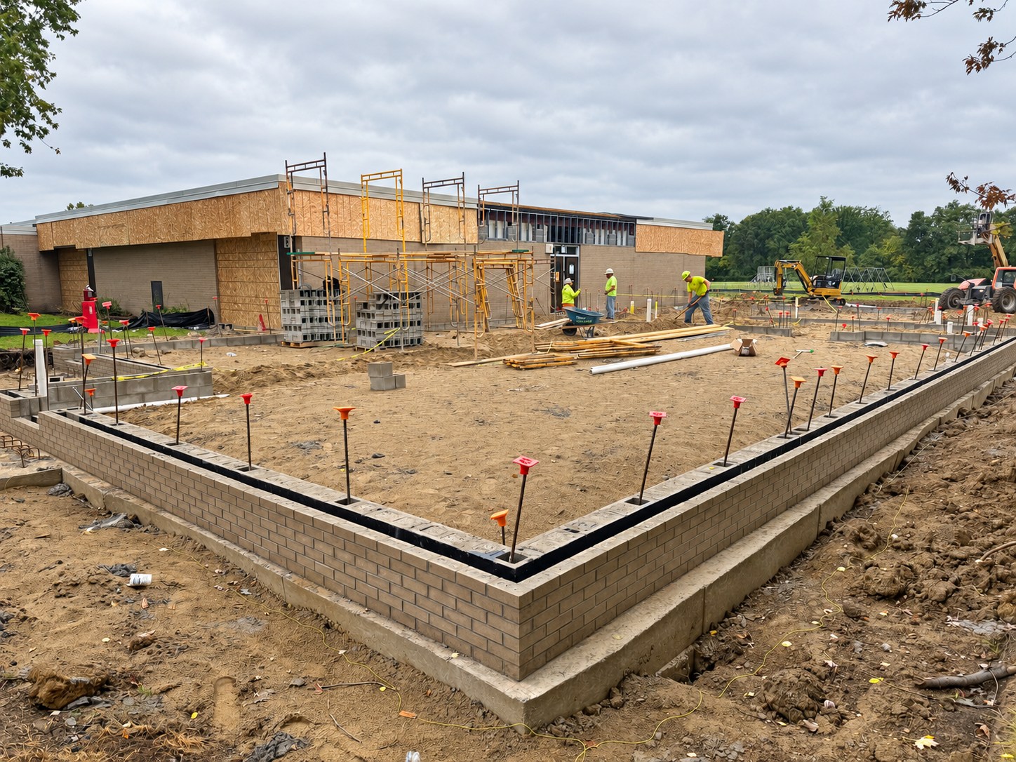 Masonry foundation walls, capped reinforcing bars and construction in progress