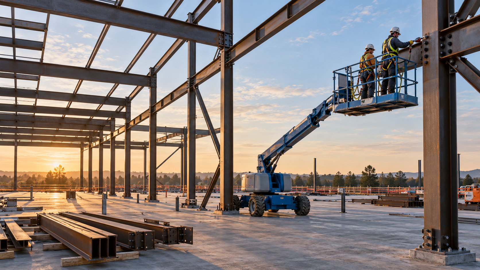 Steel framing and workers in an elevated boom lift at a construction site