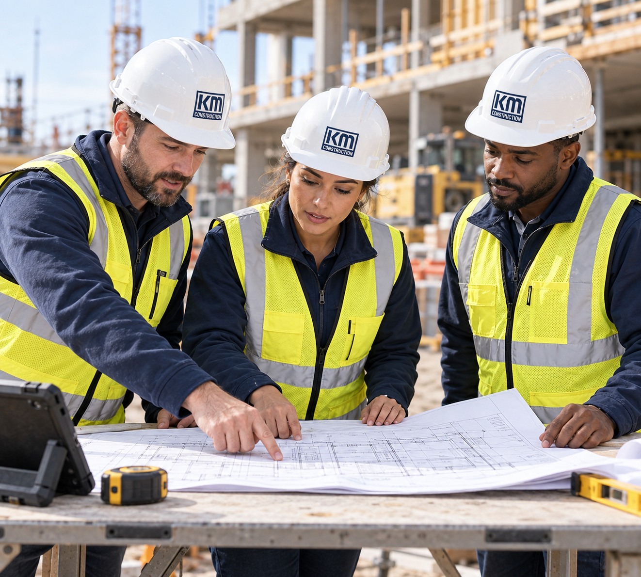 Construction professionals in KM hardhats reviewing drawings at a project site